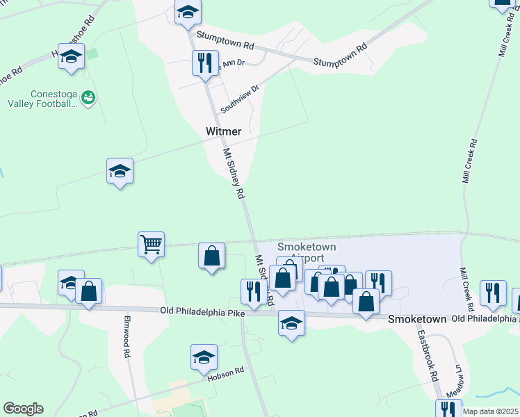 map of restaurants, bars, coffee shops, grocery stores, and more near 361 Mount Sidney Road in Lancaster