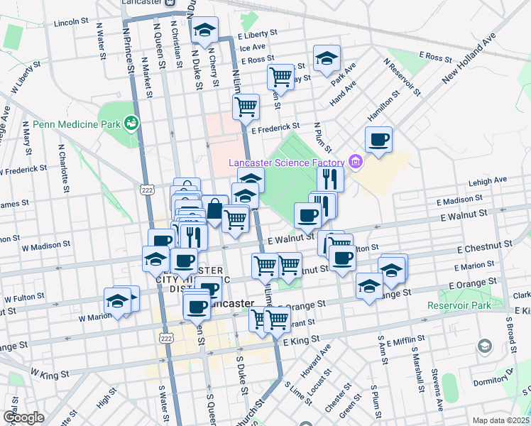 map of restaurants, bars, coffee shops, grocery stores, and more near 213 East Madison Street in Lancaster