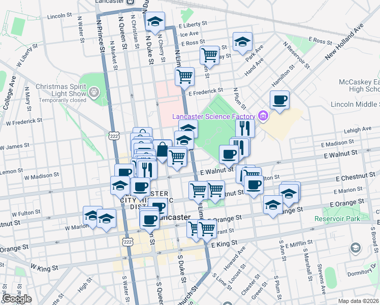 map of restaurants, bars, coffee shops, grocery stores, and more near 213 East Madison Street in Lancaster