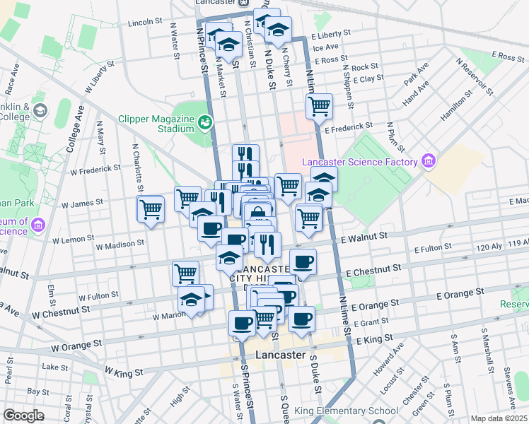map of restaurants, bars, coffee shops, grocery stores, and more near 347 North Queen Street in Lancaster