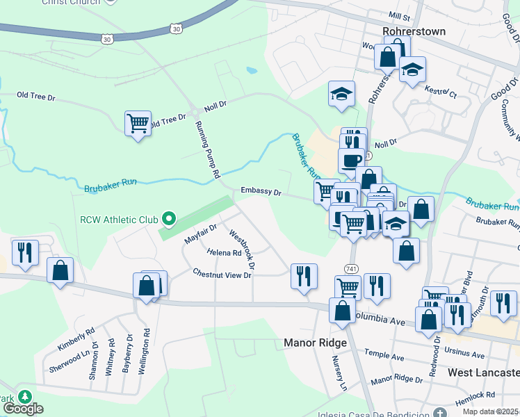 map of restaurants, bars, coffee shops, grocery stores, and more near 2230 Embassy Drive in Lancaster
