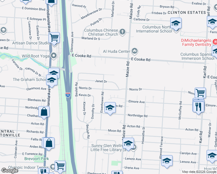 map of restaurants, bars, coffee shops, grocery stores, and more near 927 Norris Drive in Columbus