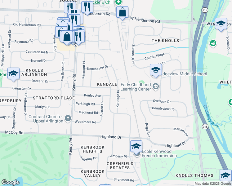 map of restaurants, bars, coffee shops, grocery stores, and more near 4163 Kenridge Drive in Columbus