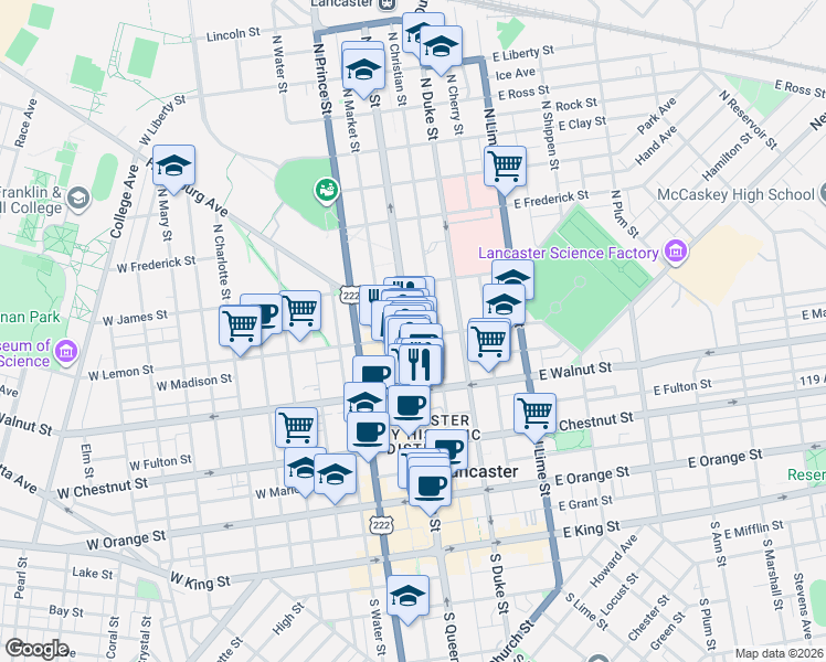 map of restaurants, bars, coffee shops, grocery stores, and more near 347 North Queen Street in Lancaster