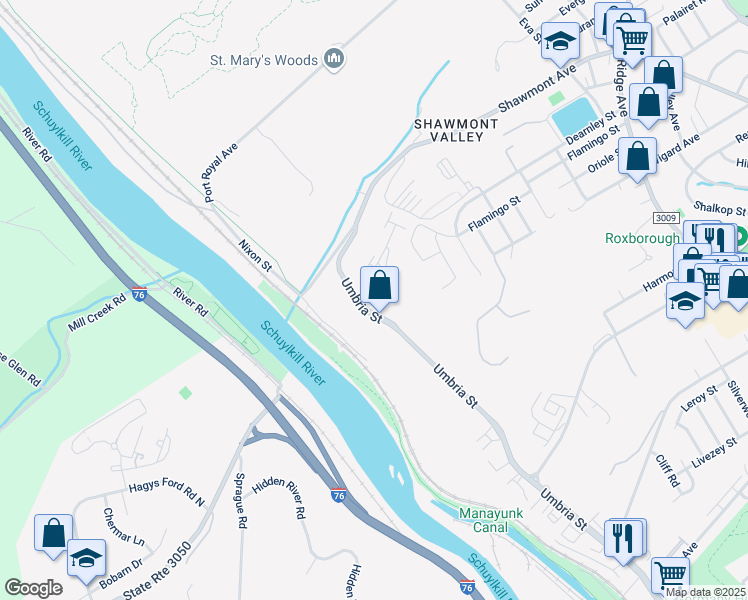 map of restaurants, bars, coffee shops, grocery stores, and more near 302 Autumn River Run in Philadelphia