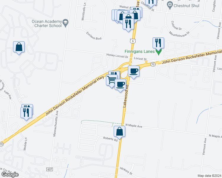map of restaurants, bars, coffee shops, grocery stores, and more near 2360 Lakewood Road in Toms River
