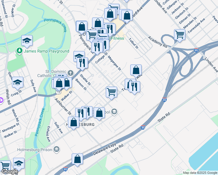 map of restaurants, bars, coffee shops, grocery stores, and more near 8643 Ditman Street in Philadelphia