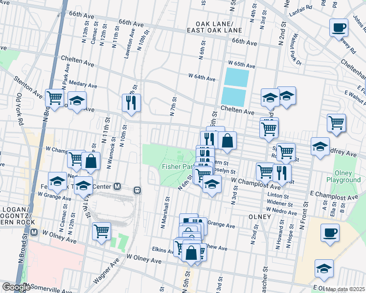 map of restaurants, bars, coffee shops, grocery stores, and more near 6100 North 6th Street in Philadelphia