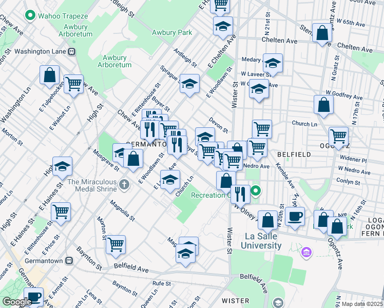 map of restaurants, bars, coffee shops, grocery stores, and more near 5540 Bloyd Street in Philadelphia