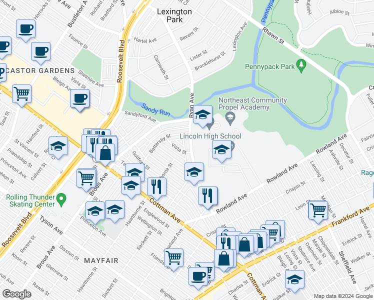 map of restaurants, bars, coffee shops, grocery stores, and more near 3030 Ryan Avenue in Philadelphia