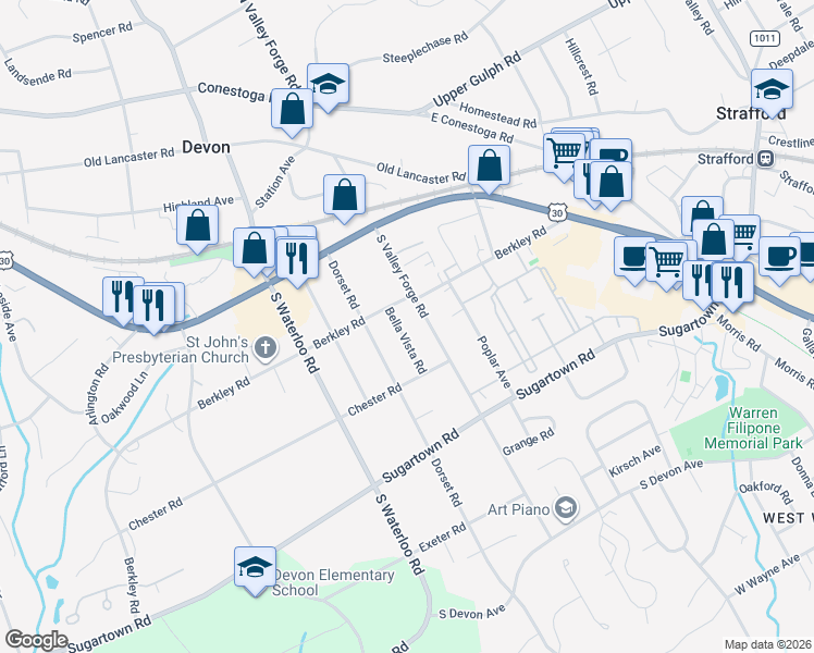 map of restaurants, bars, coffee shops, grocery stores, and more near 212 Bella Vista Road in Devon