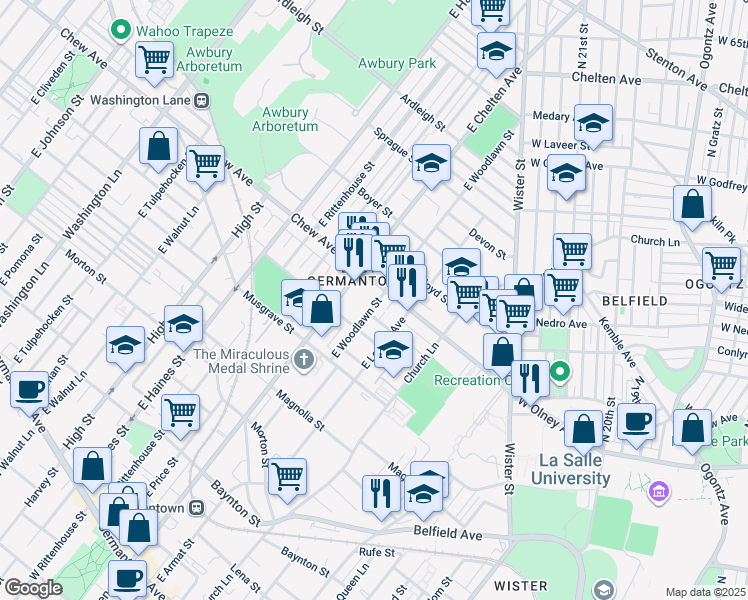 map of restaurants, bars, coffee shops, grocery stores, and more near 751 East Woodlawn Street in Philadelphia