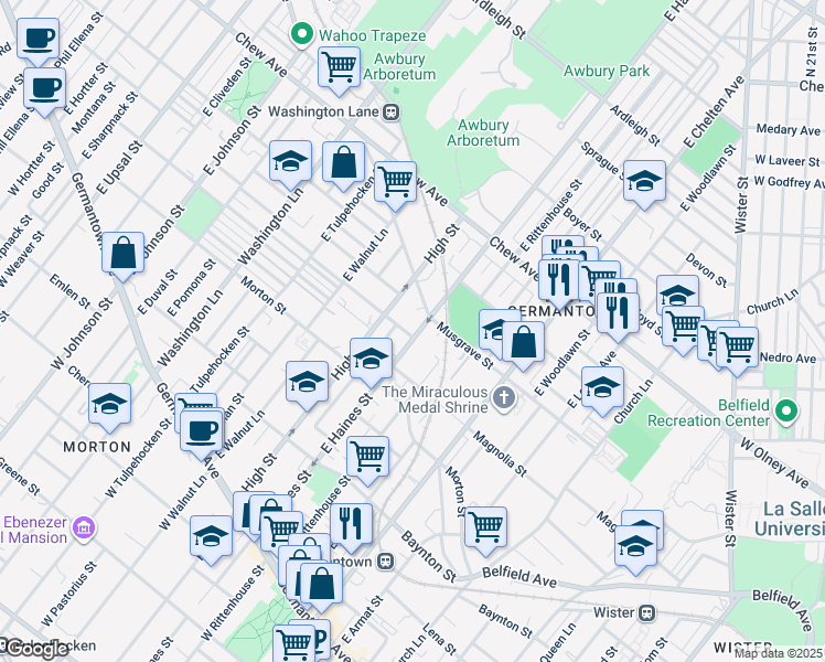 map of restaurants, bars, coffee shops, grocery stores, and more near 501 East Haines Street in Philadelphia