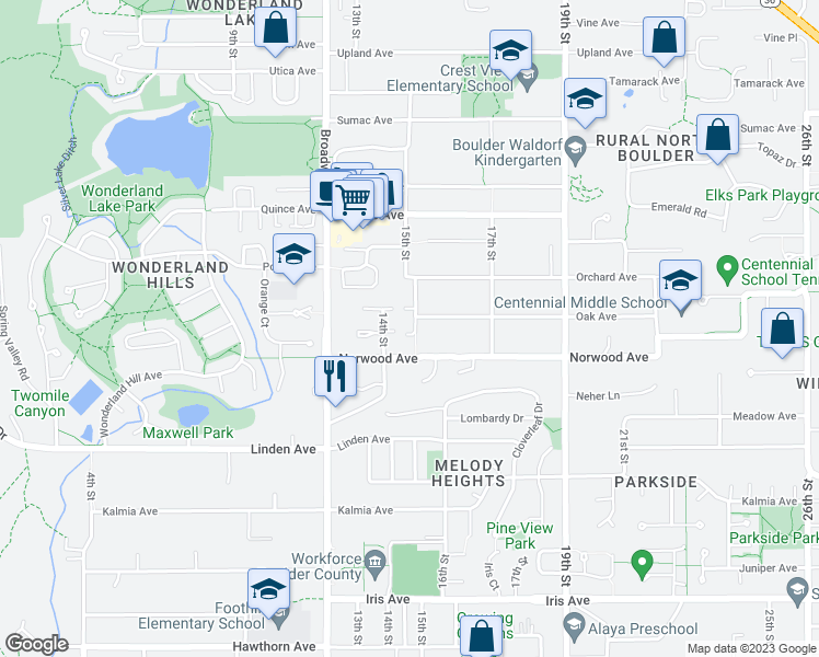 map of restaurants, bars, coffee shops, grocery stores, and more near 1475 Oak Place in Boulder