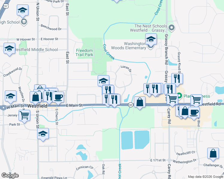 map of restaurants, bars, coffee shops, grocery stores, and more near 820 East Main Street in Westfield