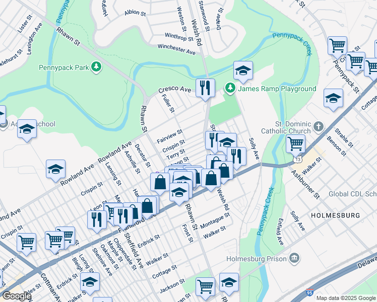 map of restaurants, bars, coffee shops, grocery stores, and more near 8109 Terry St in Philadelphia