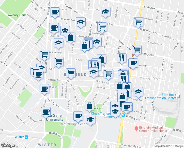 map of restaurants, bars, coffee shops, grocery stores, and more near 1807 Widener Place in Philadelphia