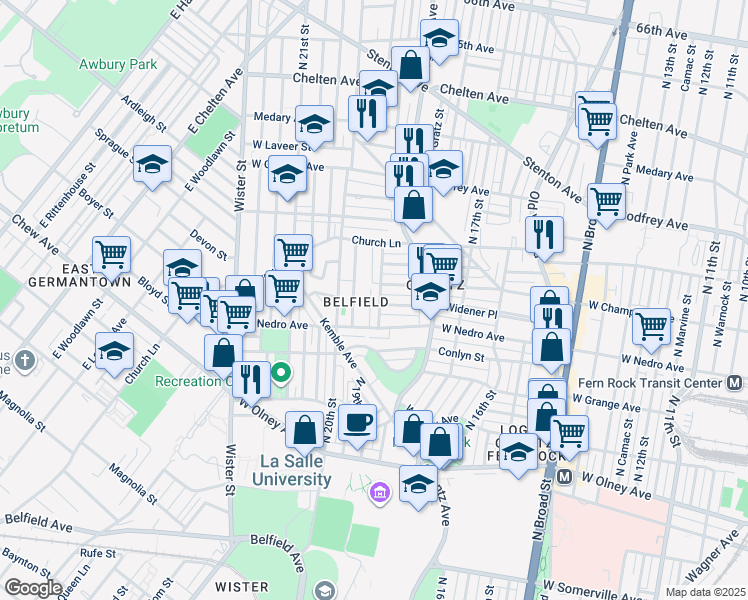 map of restaurants, bars, coffee shops, grocery stores, and more near 5936 North 19th Street in Philadelphia