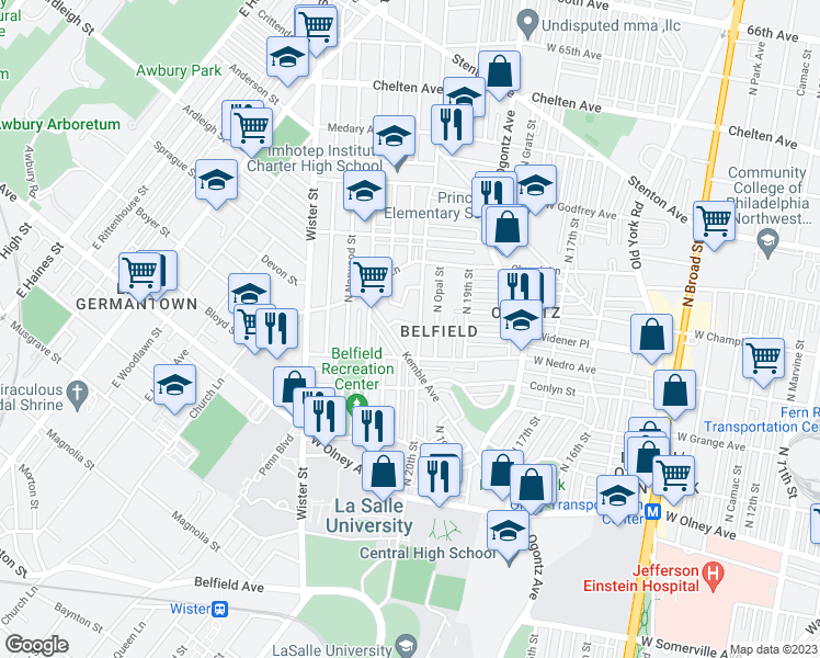 map of restaurants, bars, coffee shops, grocery stores, and more near 2008 Widener Place in Philadelphia