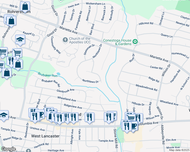 map of restaurants, bars, coffee shops, grocery stores, and more near 543 Northlawn Drive in Lancaster