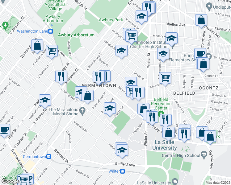 map of restaurants, bars, coffee shops, grocery stores, and more near 807 East Locust Avenue in Philadelphia