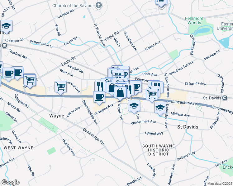 map of restaurants, bars, coffee shops, grocery stores, and more near 100 East Lancaster Avenue in Wayne