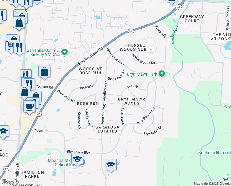 map of restaurants, bars, coffee shops, grocery stores, and more near 781 Dark Star Avenue in Columbus