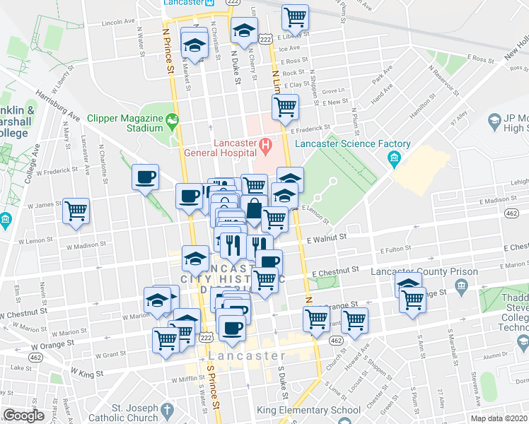 map of restaurants, bars, coffee shops, grocery stores, and more near 109 East Lemon Street in Lancaster