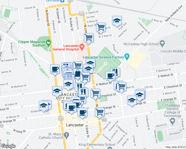map of restaurants, bars, coffee shops, grocery stores, and more near 200 East Lemon Street in Lancaster