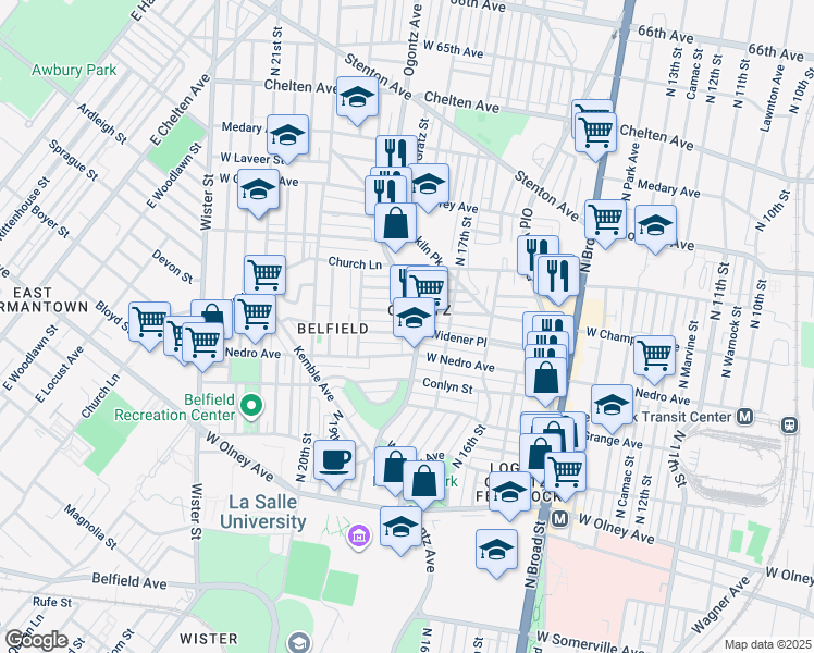 map of restaurants, bars, coffee shops, grocery stores, and more near 1807 Widener Place in Philadelphia