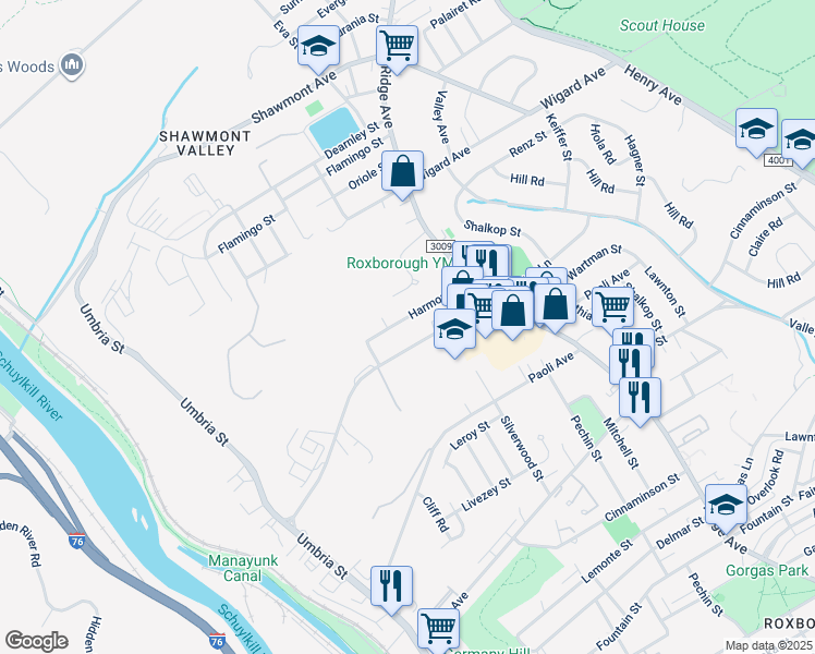 map of restaurants, bars, coffee shops, grocery stores, and more near 443 Harmon Road in Philadelphia