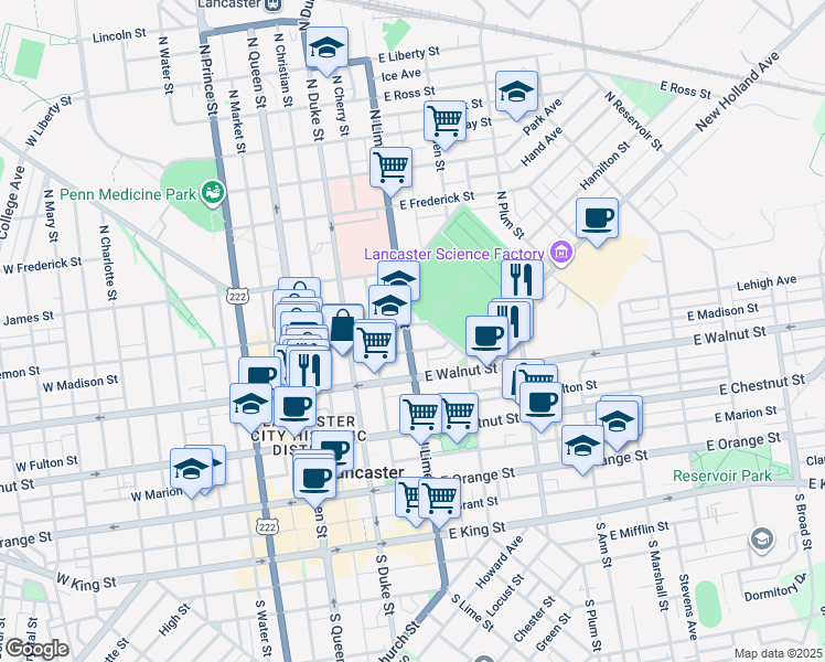 map of restaurants, bars, coffee shops, grocery stores, and more near 204 East Lemon Street in Lancaster