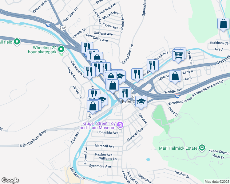 map of restaurants, bars, coffee shops, grocery stores, and more near 2203 National Road in Wheeling