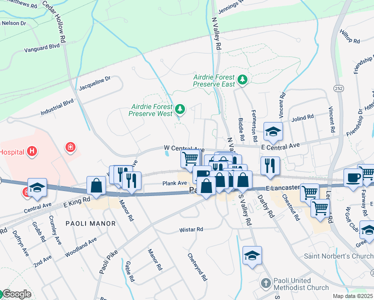 map of restaurants, bars, coffee shops, grocery stores, and more near 78 W Central Ave in Paoli