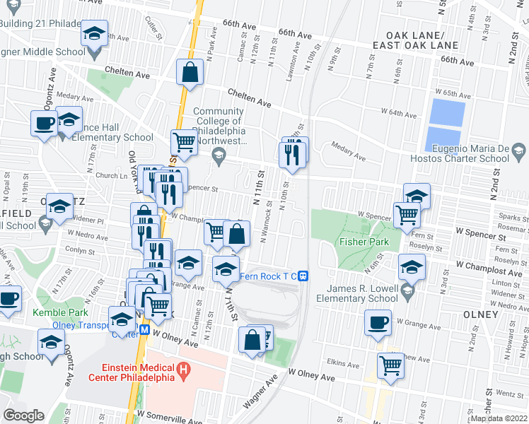 map of restaurants, bars, coffee shops, grocery stores, and more near 6028 North Warnock Street in Philadelphia