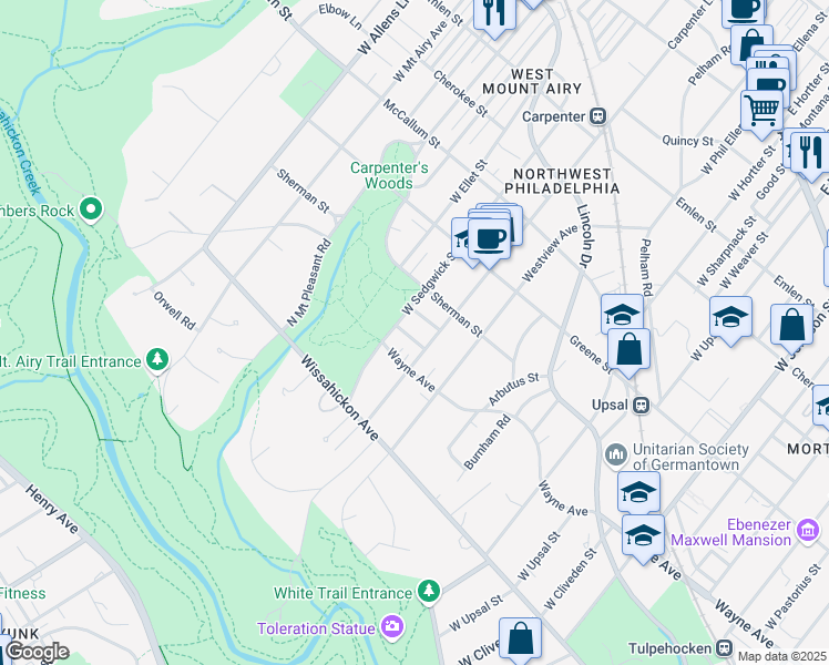 map of restaurants, bars, coffee shops, grocery stores, and more near 6911 Henley Street in Philadelphia