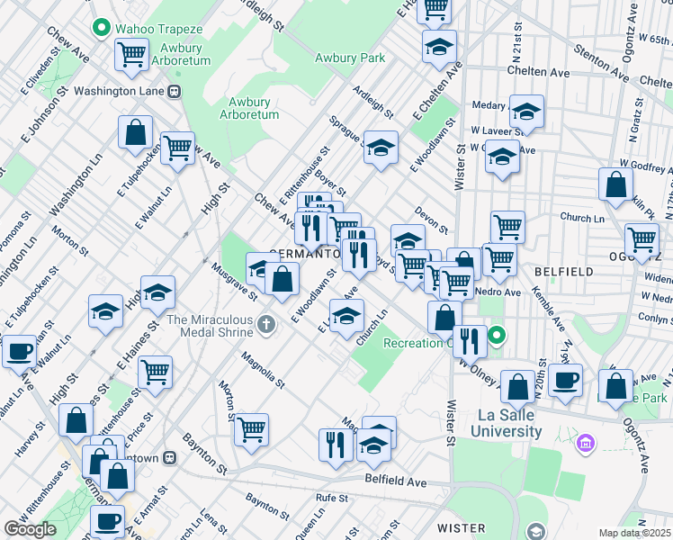 map of restaurants, bars, coffee shops, grocery stores, and more near 750 East Woodlawn Street in Philadelphia