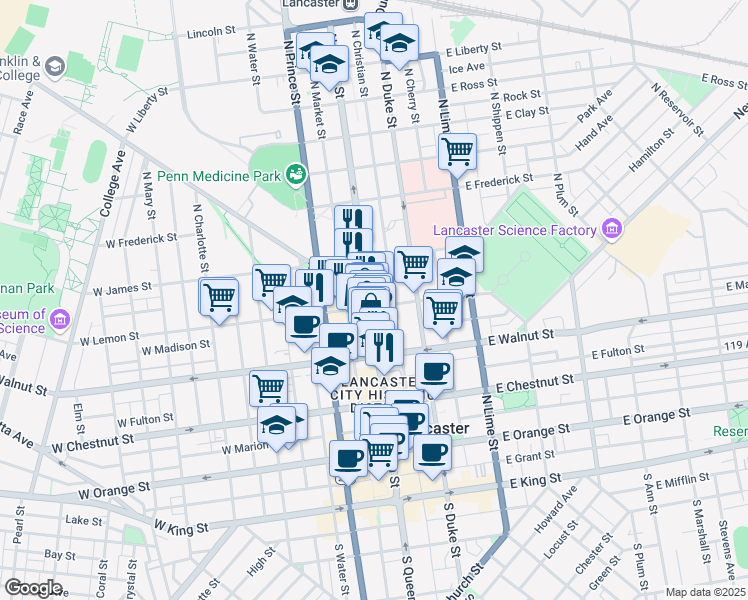 map of restaurants, bars, coffee shops, grocery stores, and more near 405 North Queen Street in Lancaster