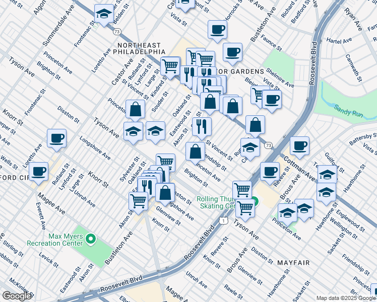 map of restaurants, bars, coffee shops, grocery stores, and more near 7108 Bustleton Avenue in Philadelphia