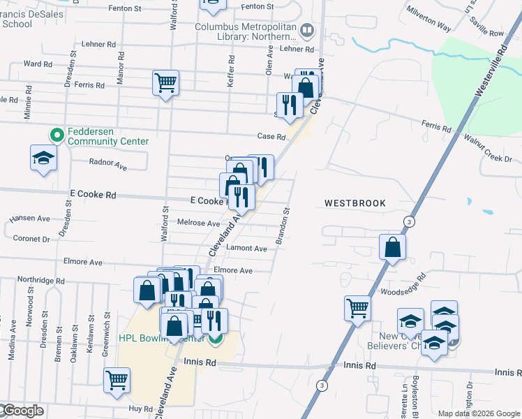 map of restaurants, bars, coffee shops, grocery stores, and more near 2154 Melrose Avenue in Columbus