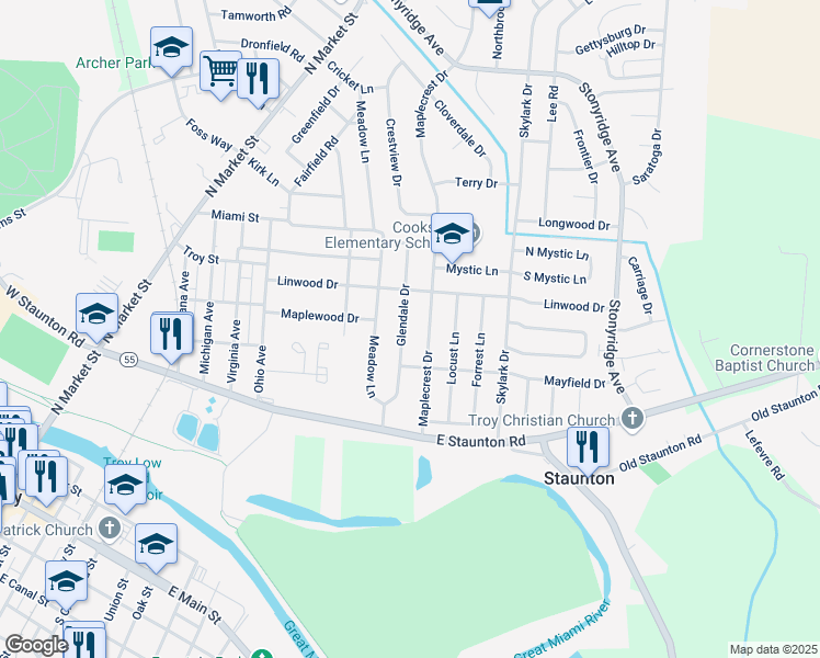 map of restaurants, bars, coffee shops, grocery stores, and more near 533 Glendale Drive in Troy