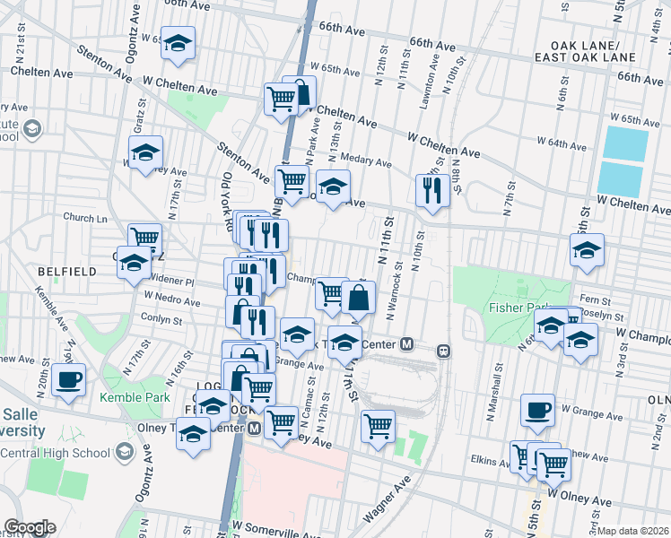 map of restaurants, bars, coffee shops, grocery stores, and more near 6001 North 12th Street in Philadelphia