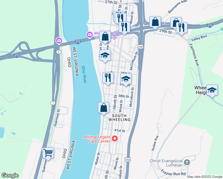 map of restaurants, bars, coffee shops, grocery stores, and more near 3749 Jacob Street in Wheeling