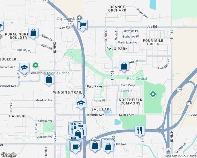 map of restaurants, bars, coffee shops, grocery stores, and more near 3850 Paseo del Prado in Boulder