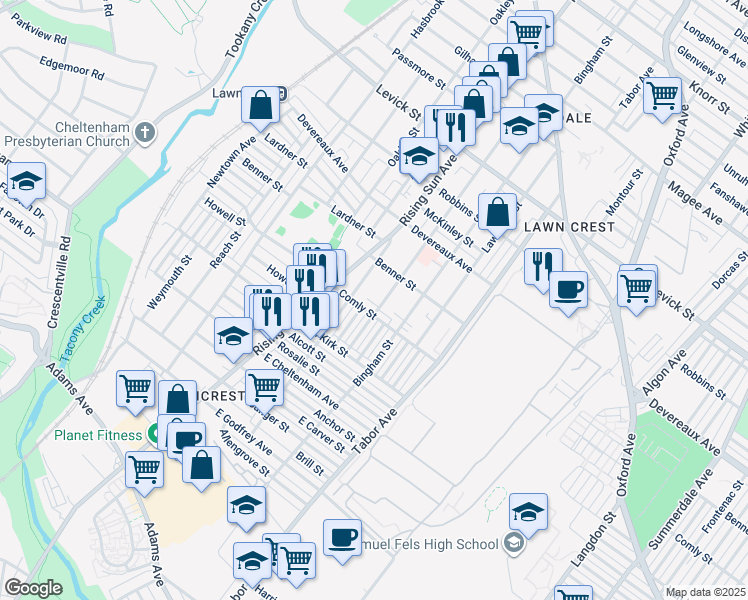map of restaurants, bars, coffee shops, grocery stores, and more near 6014 Palmetto Street in Philadelphia
