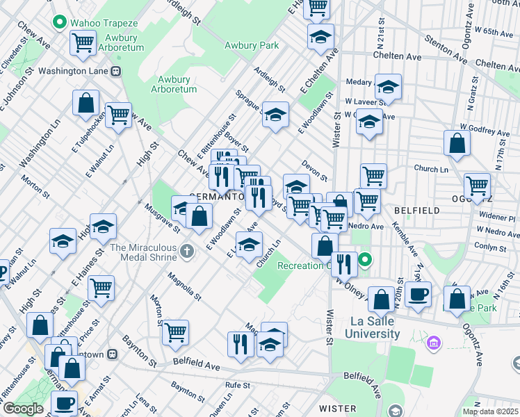 map of restaurants, bars, coffee shops, grocery stores, and more near 5607 Chew Avenue in Philadelphia