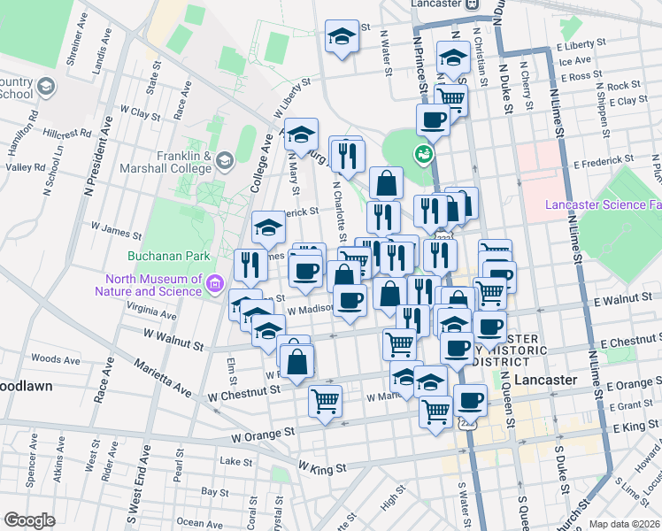 map of restaurants, bars, coffee shops, grocery stores, and more near 351 North Charlotte Street in Lancaster
