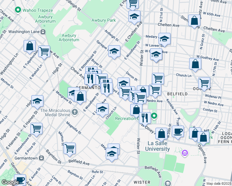 map of restaurants, bars, coffee shops, grocery stores, and more near 5540 Bloyd Street in Philadelphia