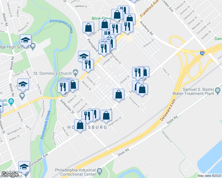 map of restaurants, bars, coffee shops, grocery stores, and more near 8636 Ditman Street in Philadelphia