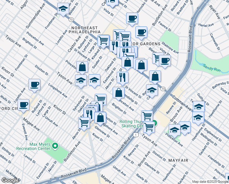 map of restaurants, bars, coffee shops, grocery stores, and more near 7108 Bustleton Avenue in Philadelphia